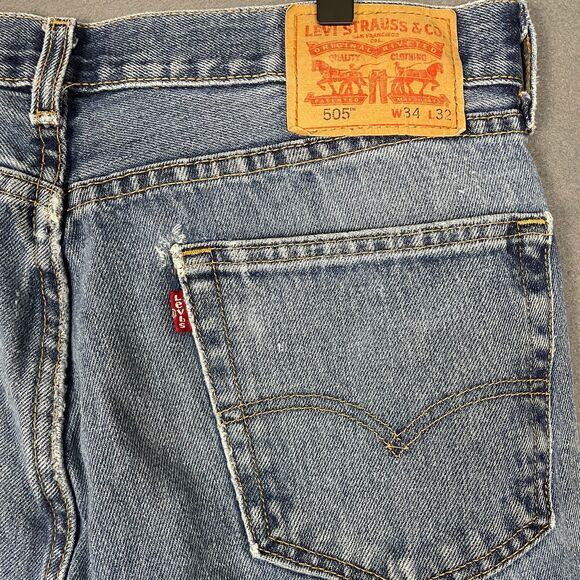 Levis 505 Jeans Men's 34x30 Blue Denim Medium Wash Distressed Straight Leg Retro - Picture 13 of 16